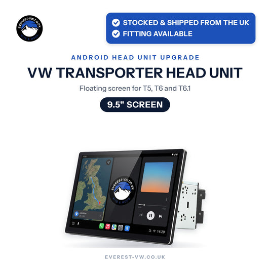 9.5 inch floating screen Android head unit for VW Transporter T5, T6 and T6.1 showing sat nav and music