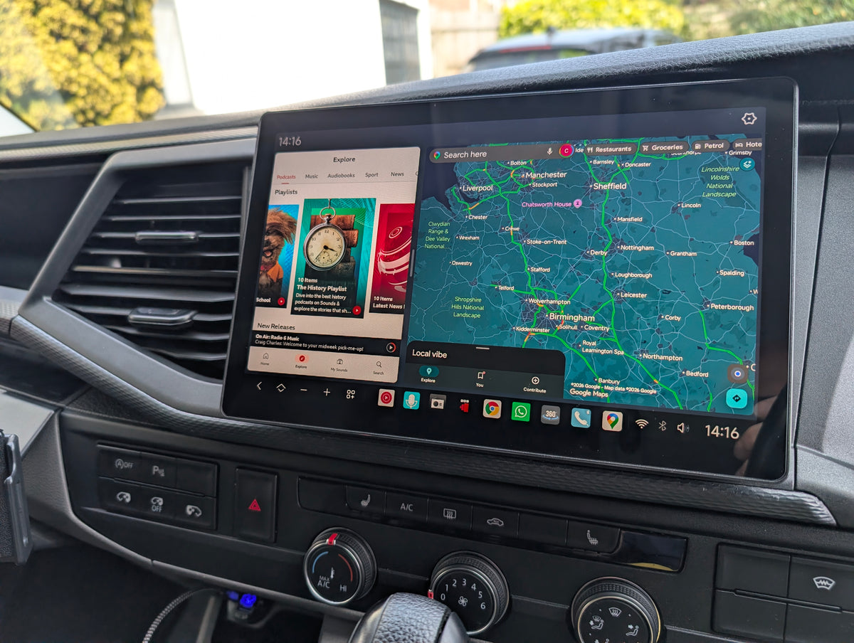 Large MEKEDE DUDU7 screen in a VW Transporter showing music and maps side by side