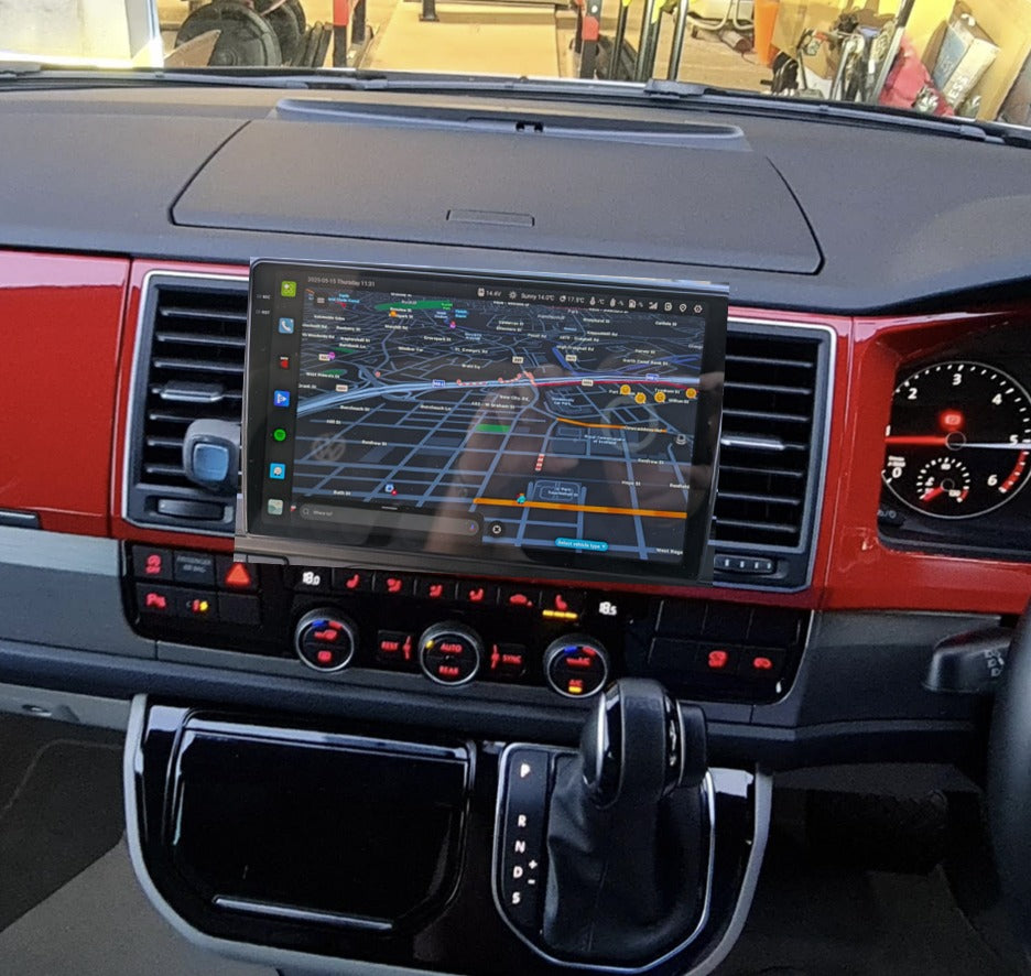 VW Transporter T6 with red dash trim after fitting a MEKEDE DUDU7 floating screen