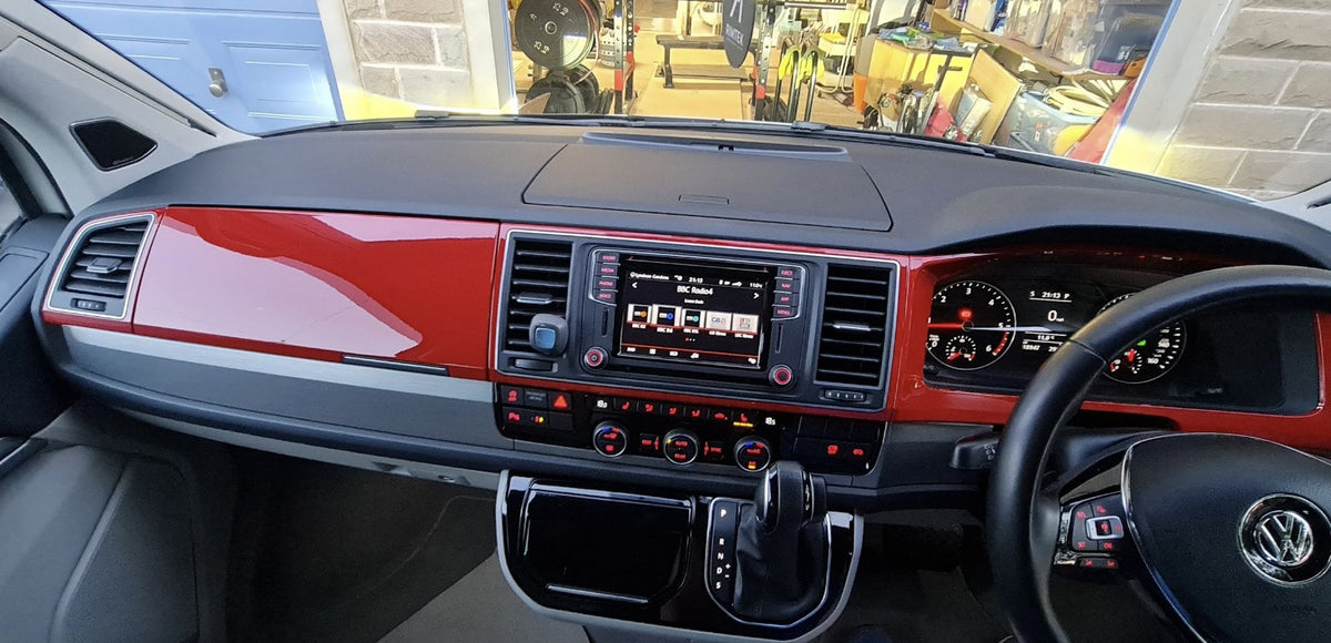 VW Transporter T6 with red dash trim and the factory radio, before the DUDU7 upgrade