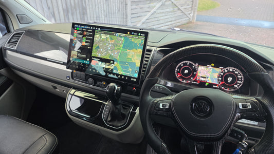 DigiDash digital dashboard and 15.8 inch DUDU7 head unit fitted in a VW Transporter T6